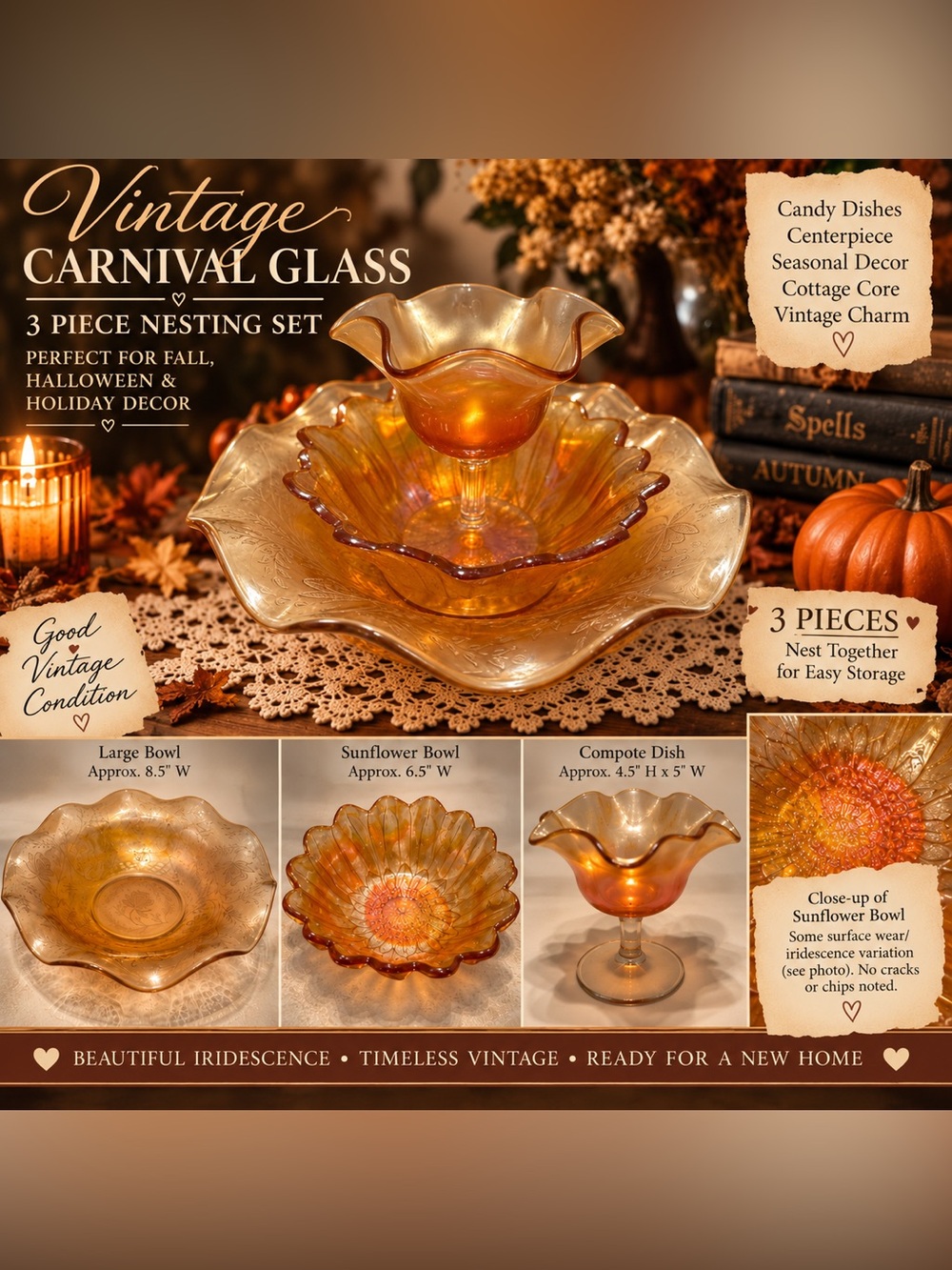 Vintage Indiana & Jeannette Carnival Glass 3-Piece Nesting Bowl Set - Marigold